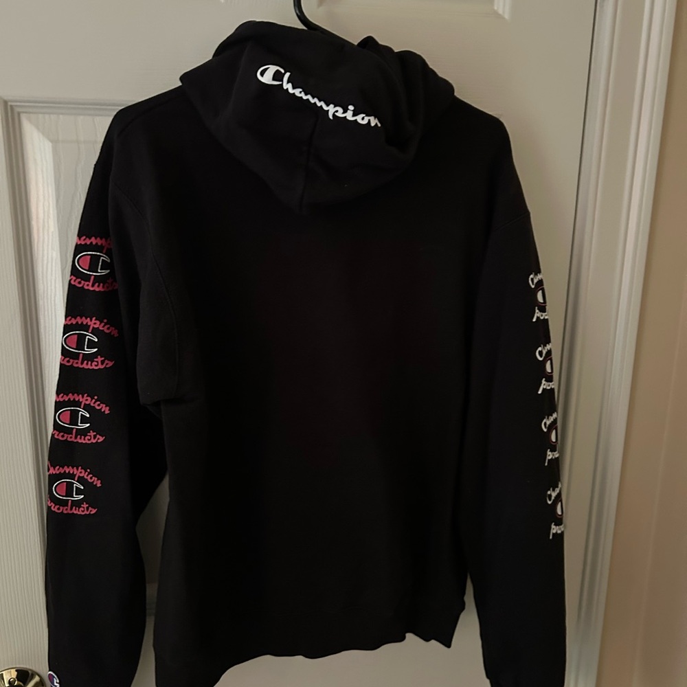 Champion Black Hoodie with Pink Logo Accents